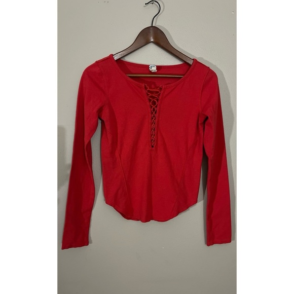 Red Lace-Up Long Sleeve Top - Picture 1 of 3